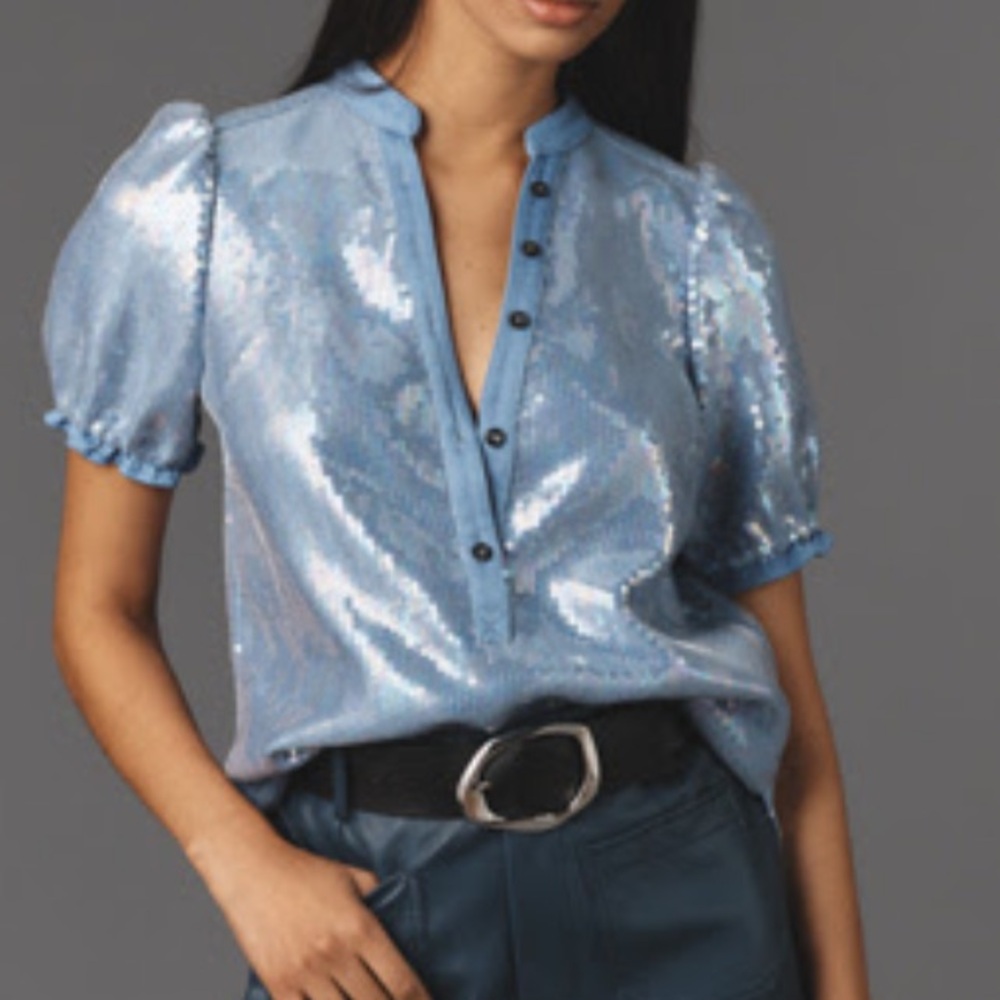 Pilcro Blue Sequin Puff Sleeve Blouse
